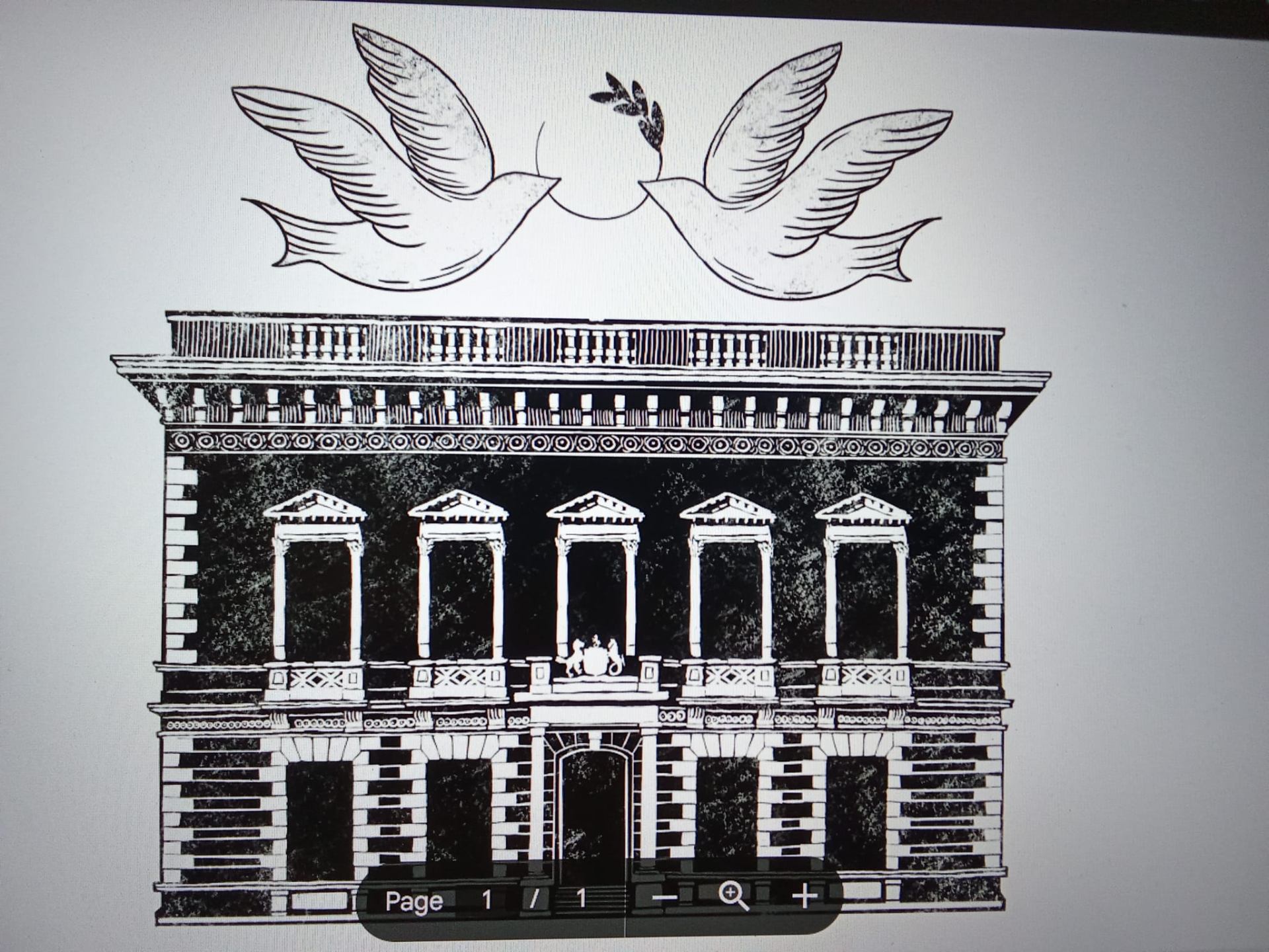 Architectural pen-and-ink drawing of the Belfast Assembly Rooms with two doves flying above.