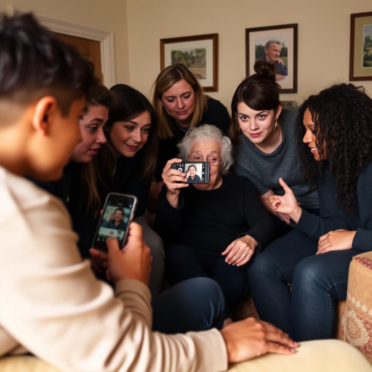 Young people gathered around an older relative, recording her story on a phone.